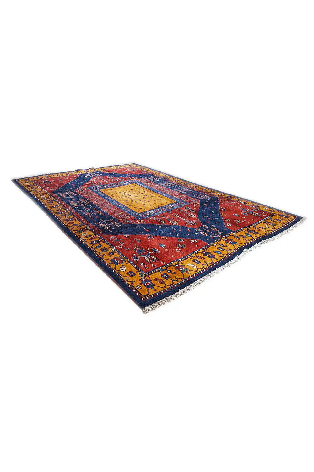Gabbeh-Teppich diagonal: rotes und blaues Muster mit gelbem Rahmen, kurze Fransen.