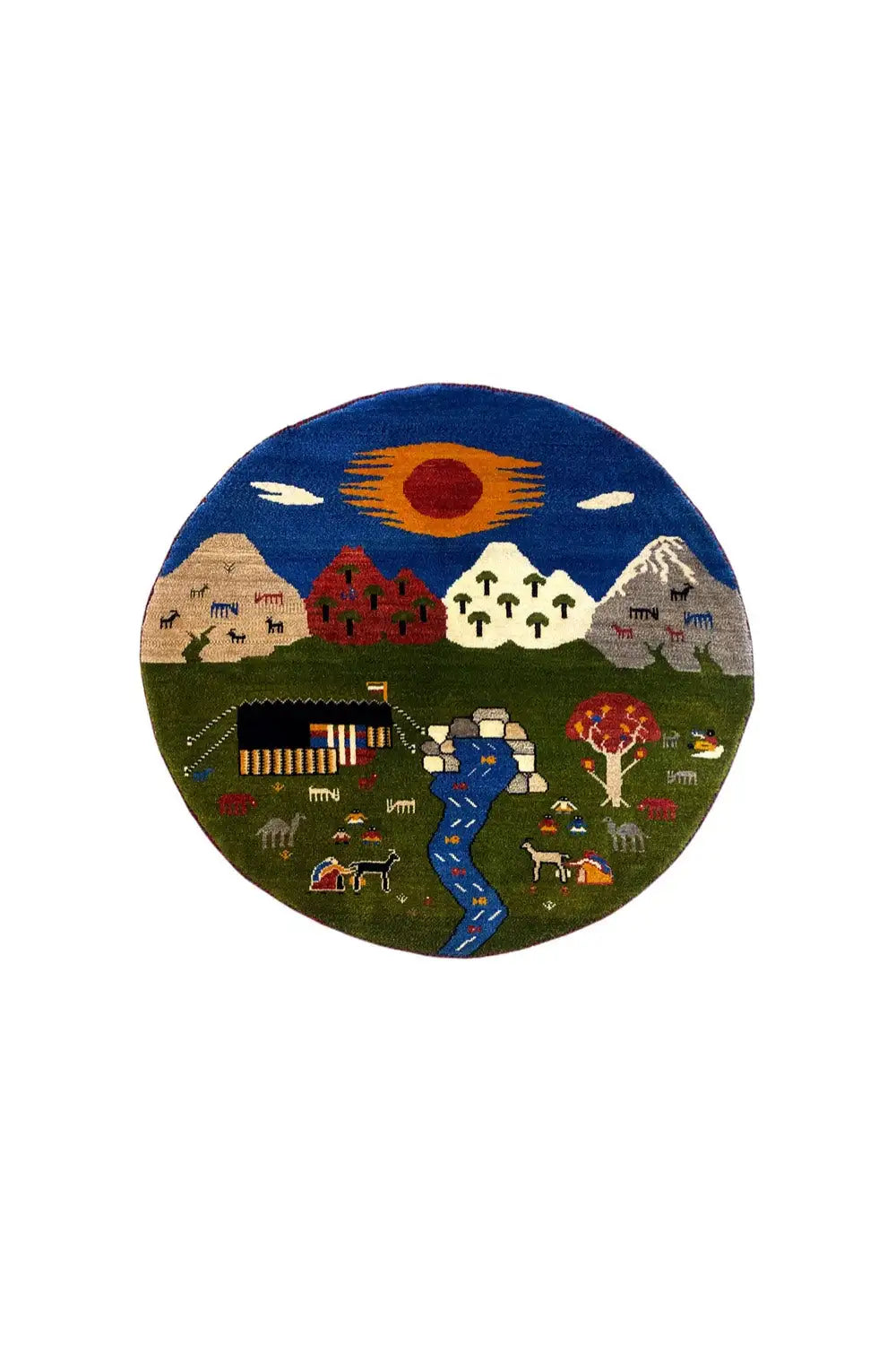 Runder Gabbeh-Teppich (101×101 cm) mit Himmelsmotiv, Häusern und Figuren