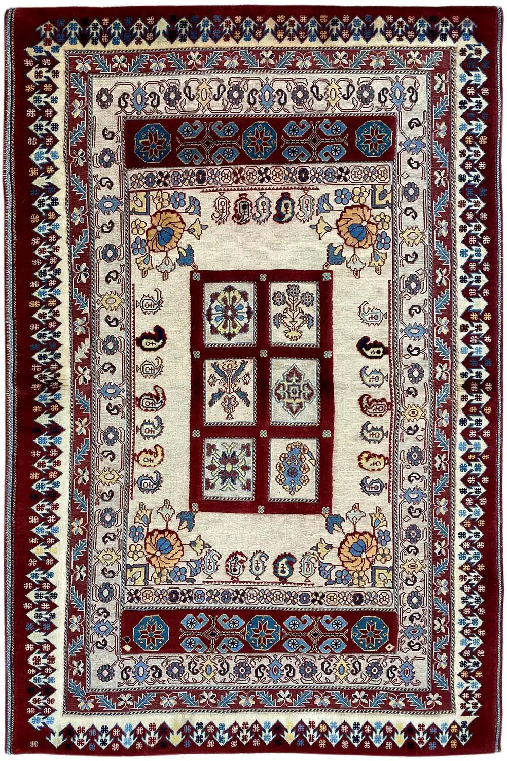 Teppich 168x106 cm mit großem Zentralfeld, Zierbordüre und Farbmix aus Blau, Rot