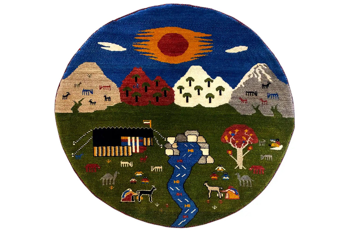 Runder Gabbeh-Teppich (101×101 cm) mit buntem Landschaftsmotiv und Randfransen