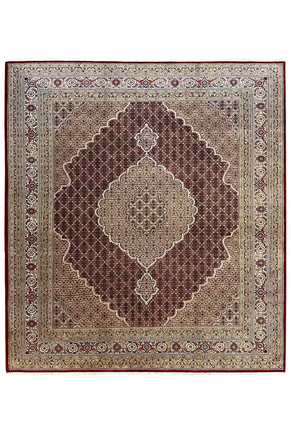 Teppich, quadratisches Design mit zentralem Medaillon und Bordüre in Braun und Creme