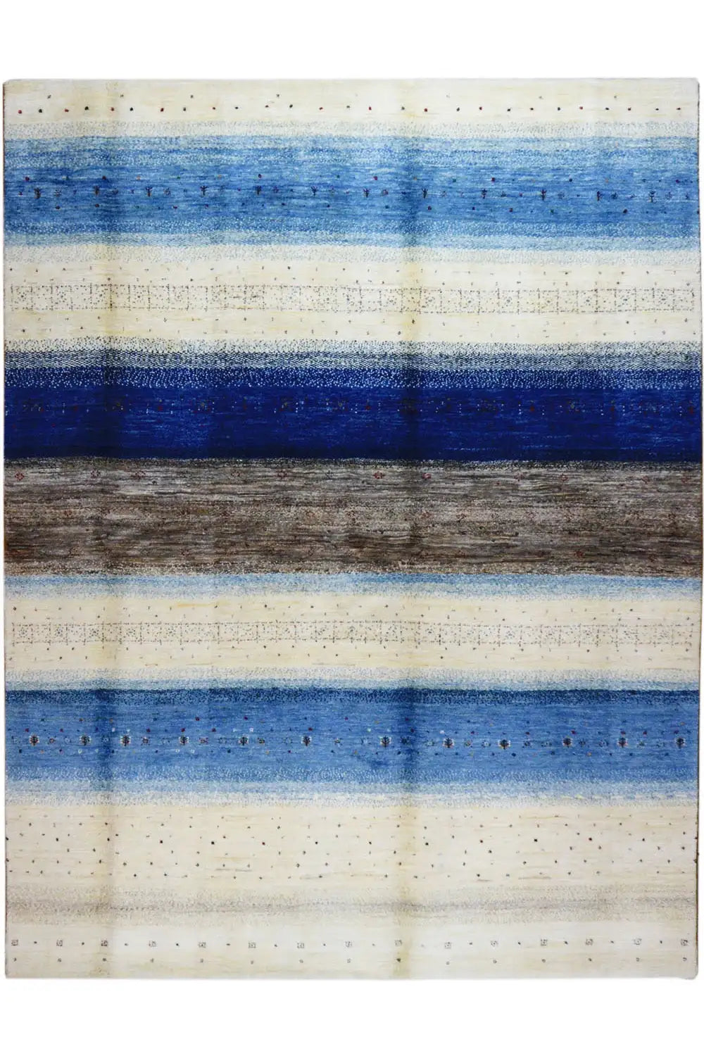 Gabbeh-Lori-Teppich mit horizontalen Streifen in Blau, Grau und Beige, fein gemustert.