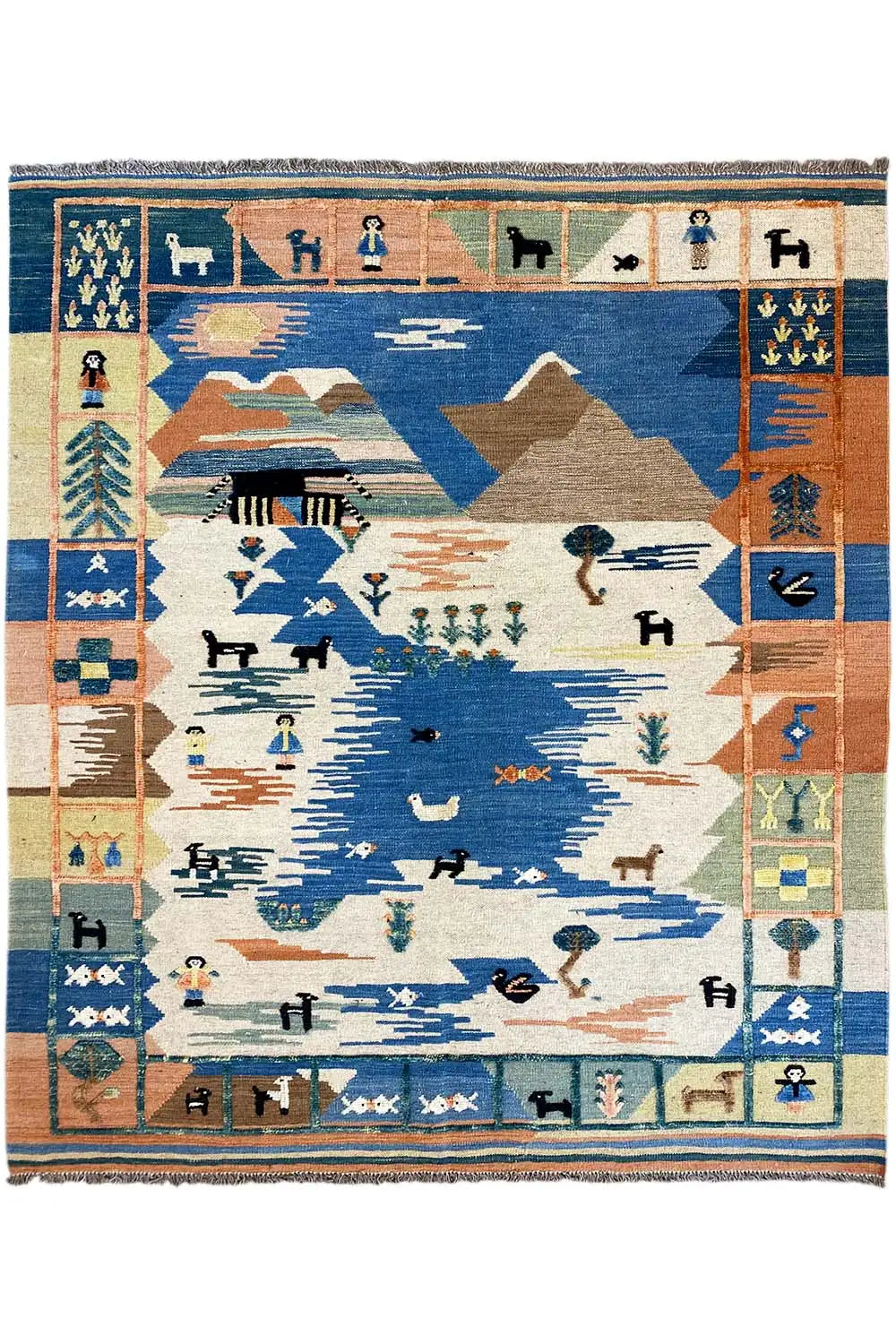 Kilim-Teppich mit großem zentralem Feld, geometrischem Muster in Blau, Beige, Orange und Grün