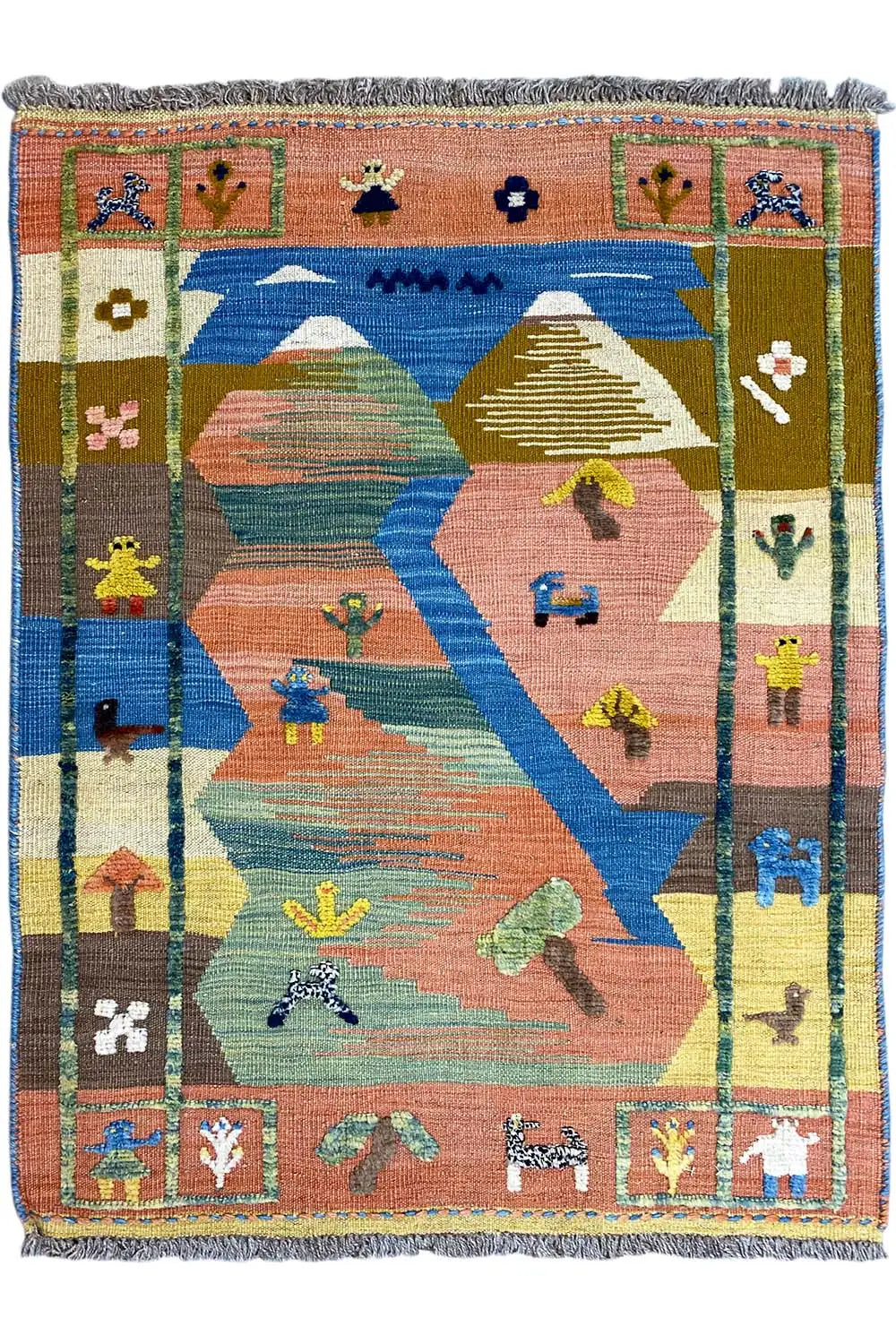 Kilim Qashqai Teppich mit geometrischem Muster in Blau, Orange, Grün und Beige, Fransen