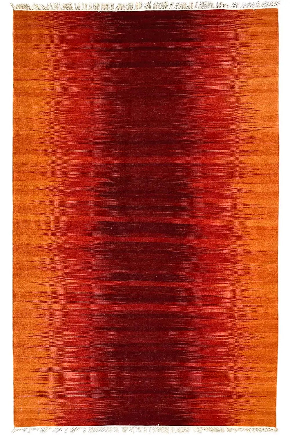 Moderner Kelim-Dhurrie-Teppich, orange mit dunkelroten Flächen, gewebter Rand