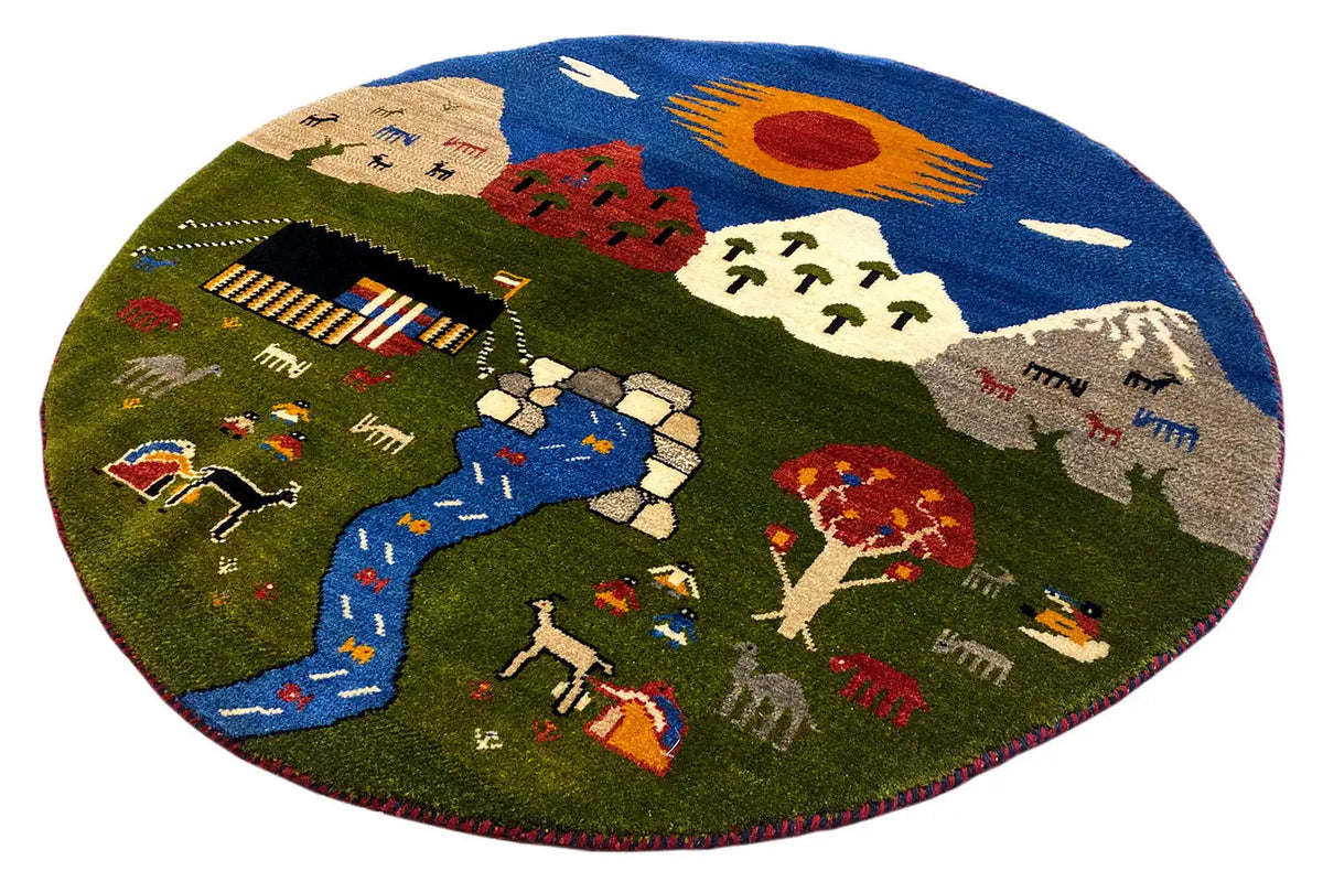 Runder Gabbeh-Teppich (101×101 cm) mit farbenfrohem Dorf- und Flussmotiv