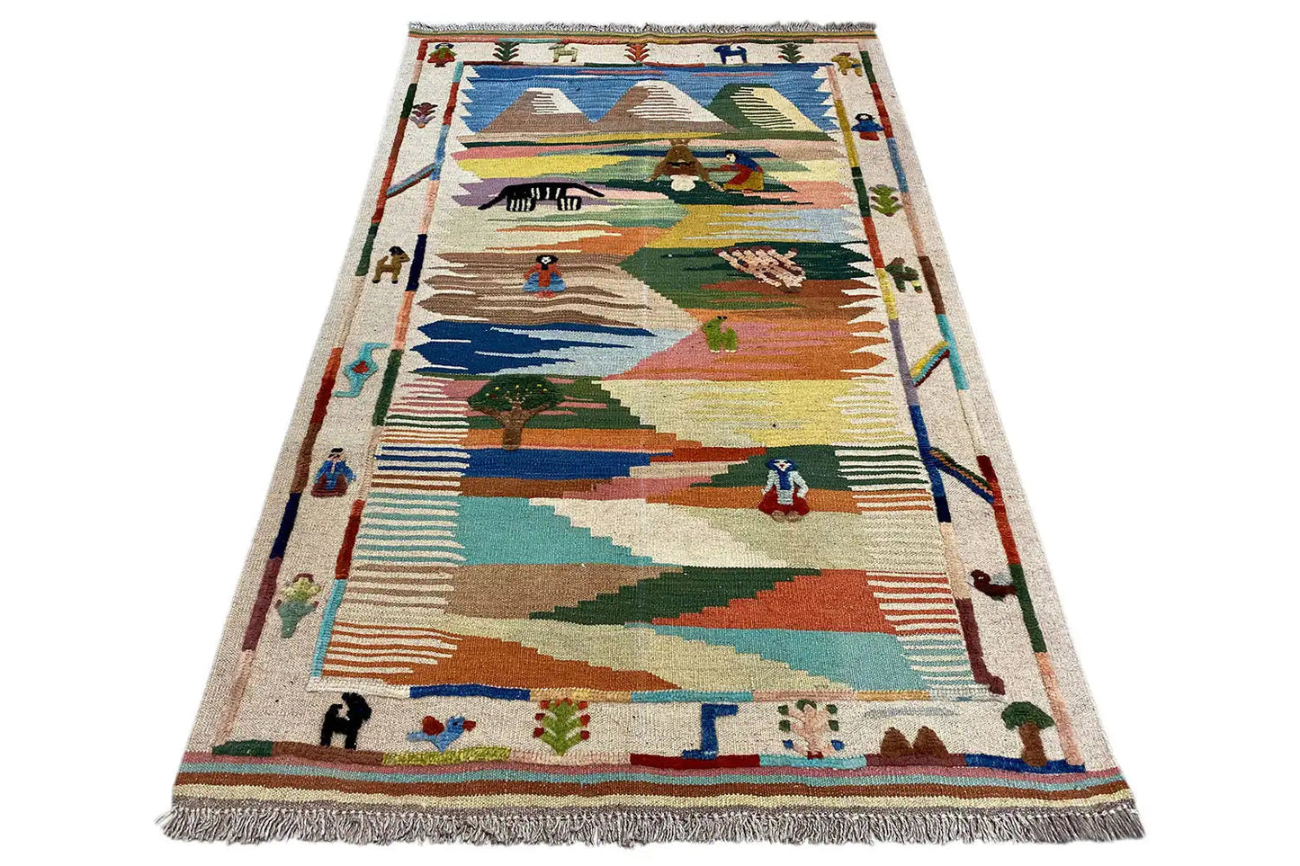 Kilim Qashqai Teppich, großflächiges Muster mit Tieren und Figuren, ca. 151x104 cm