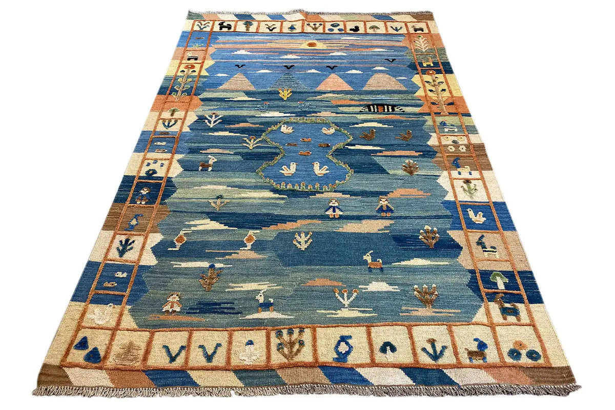 Rechteckiger Kilim-Teppich in Blau mit bunten Bordüren und Reihenmuster