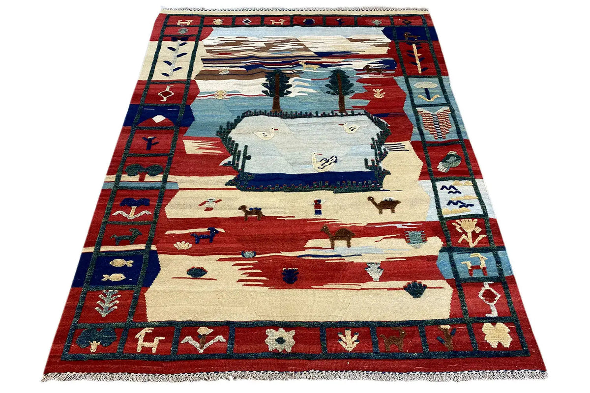 Kilim-Qashqai-Teppich mit rotem und blauem Bordürenmuster, Landschaftskern in der Mitte