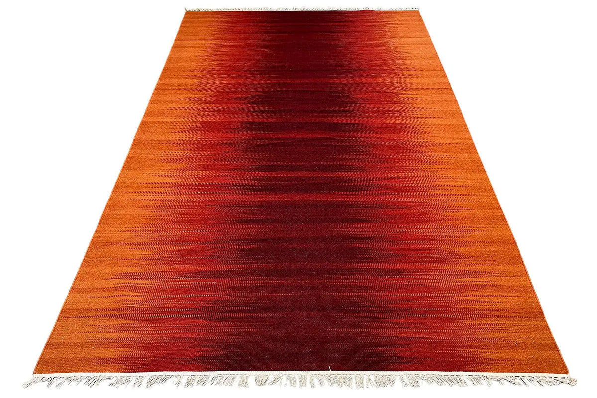 Moderner Kelim-Dhurrie-Teppich, orange-braun, dunkelrot gestreift, mit Fransen