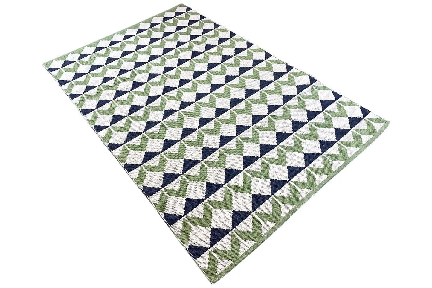 Kelim-Teppich aufgerichtet mit diagonalen Dreiecks- und Rautenmustern in Grün und Blau