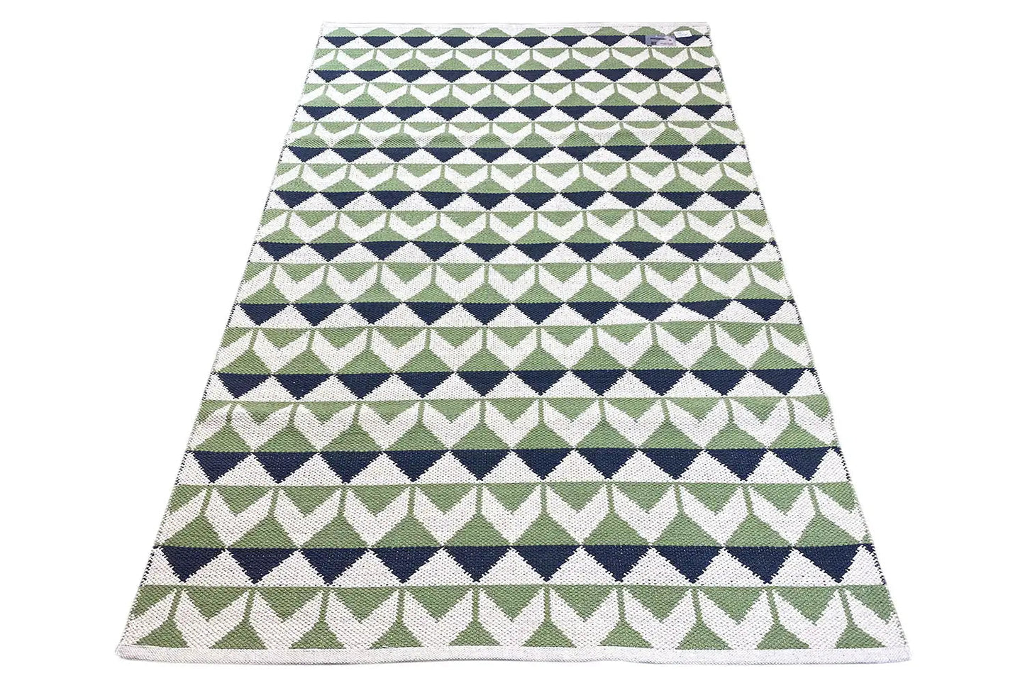 Kelim-Teppich mit dichtem Zickzack- und Rhombusmuster, grün/blau/weiß, flach