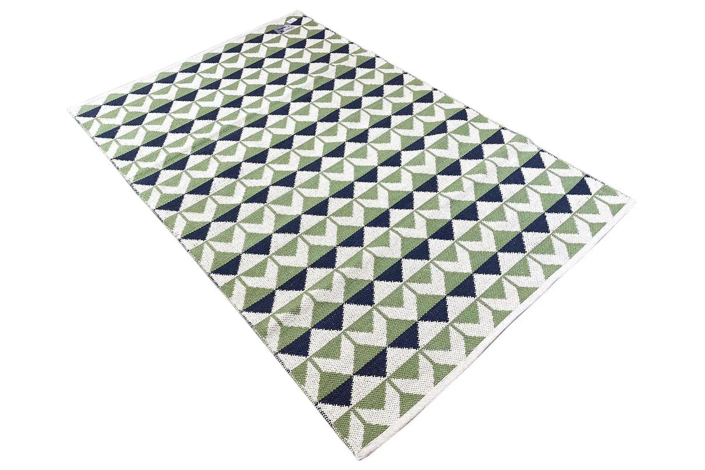 Kelim-Teppich quadratisch mit diagonalen Dreiecks- und Rautenmustern in Grün und Blau