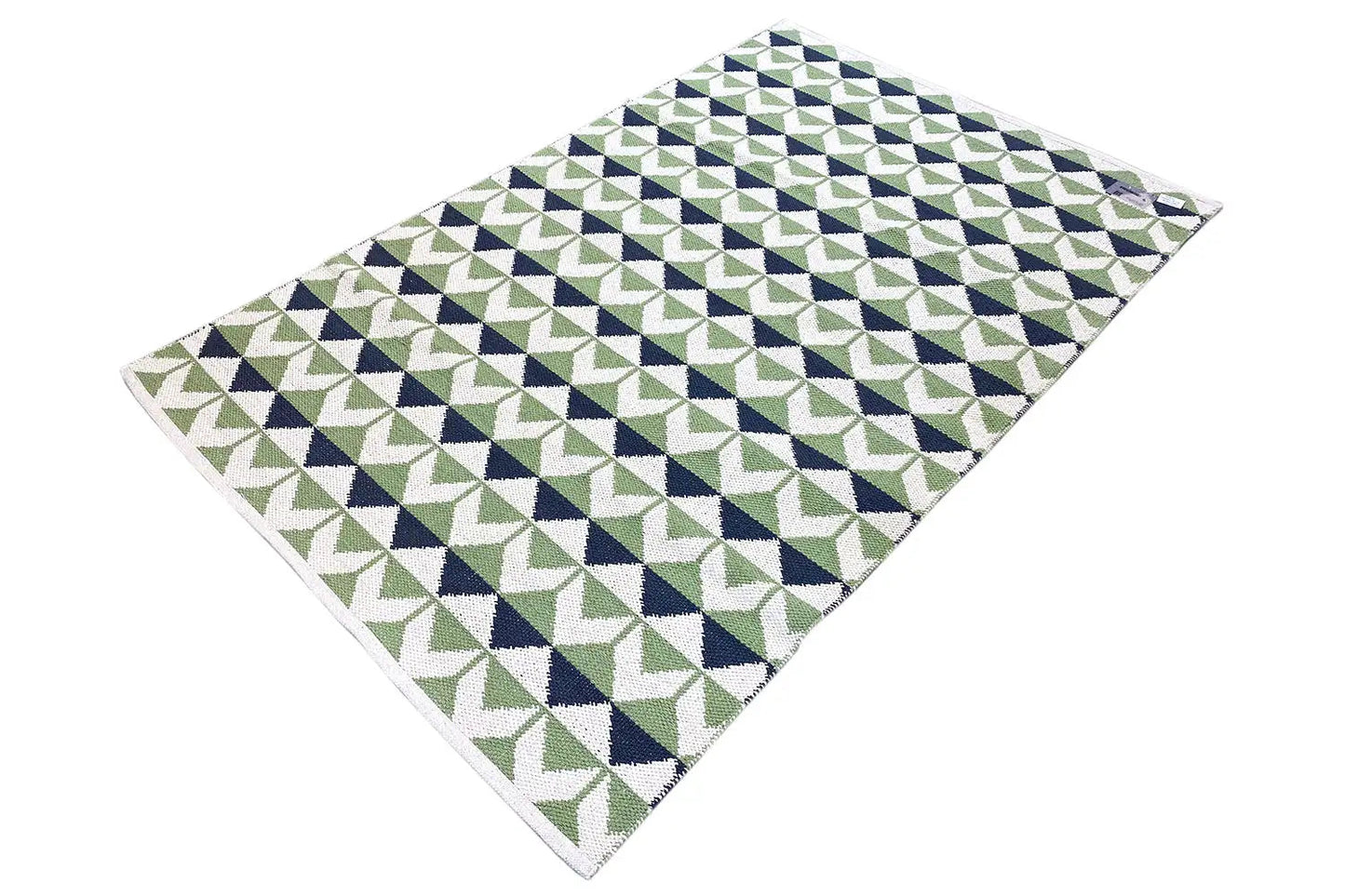 Moderner Kelim Teppich mit geometrischem Muster in Grün, Blau und Weiß, eckig