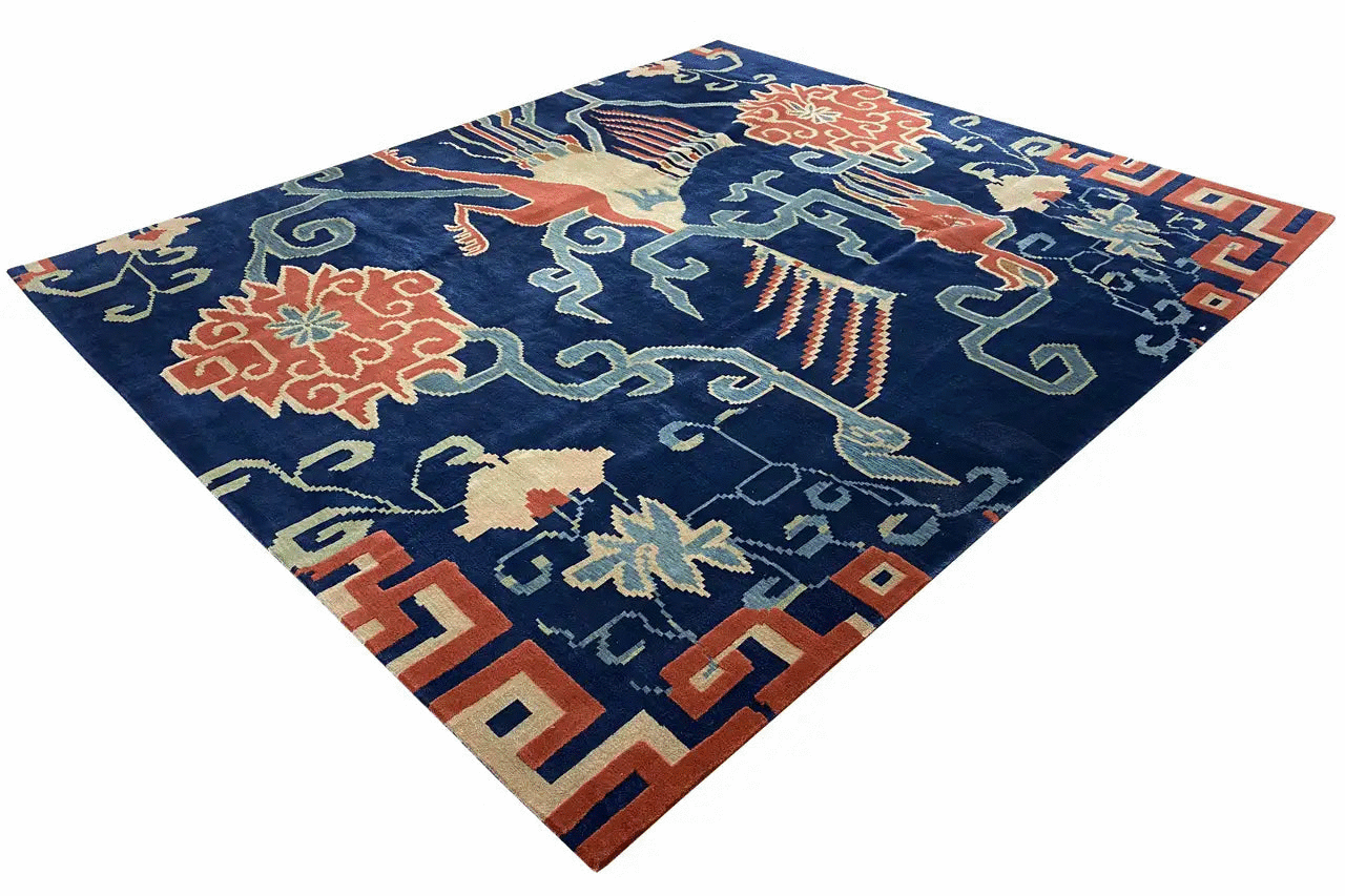 Bo Hamsa-Teppich 304x253 cm: dunkelblauer Grund mit bunten Ornamenten