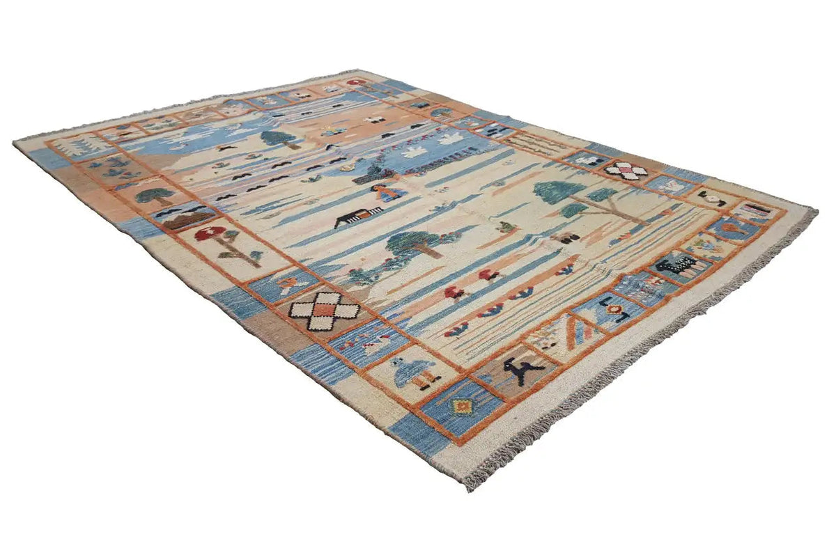 Kilim Qashqai Teppich mit geometrischem Muster, blau/orangener Bordüre und Fransen