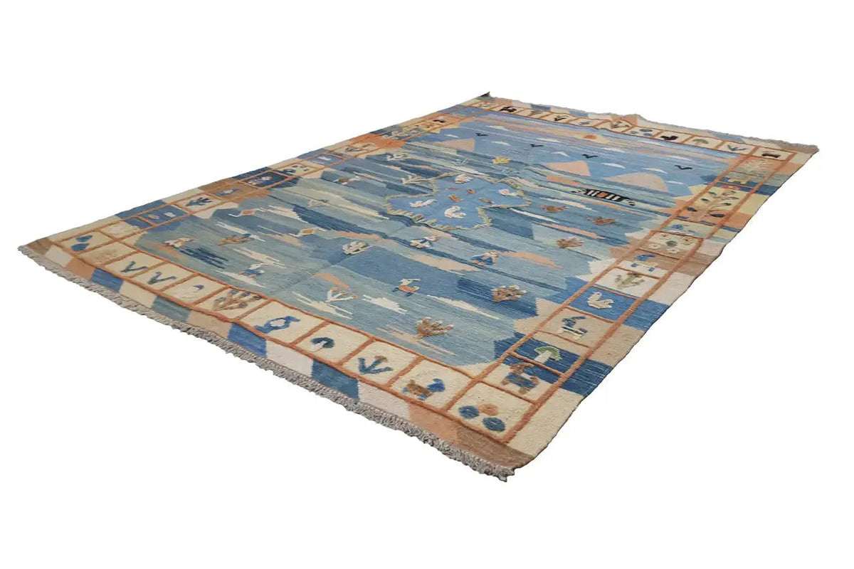 Kilim-Teppich in Blau mit Ornamenten und umlaufendem Bordürenrand