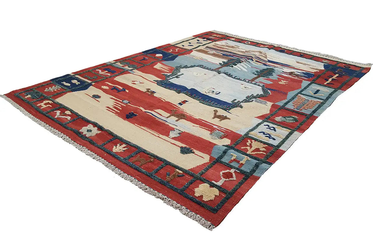 Kilim-Qashqai-Teppich mit rotem, blauem und beigem Muster, quadratisch mit Fransen