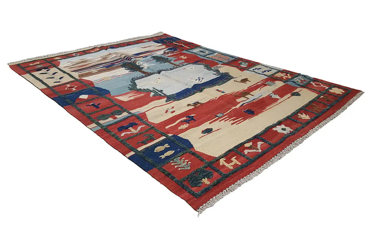 Kilim-Qashqai-Teppich mit zentralem Medaillon, roten und blauen Farbfeldern, Fransen