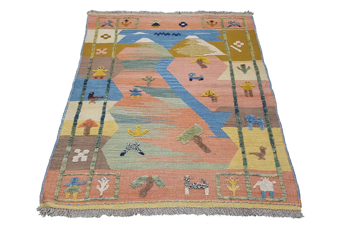 Kilim Qashqai Teppich mit geometrischem Muster in Blau, Beige und Grün, mit Fransen