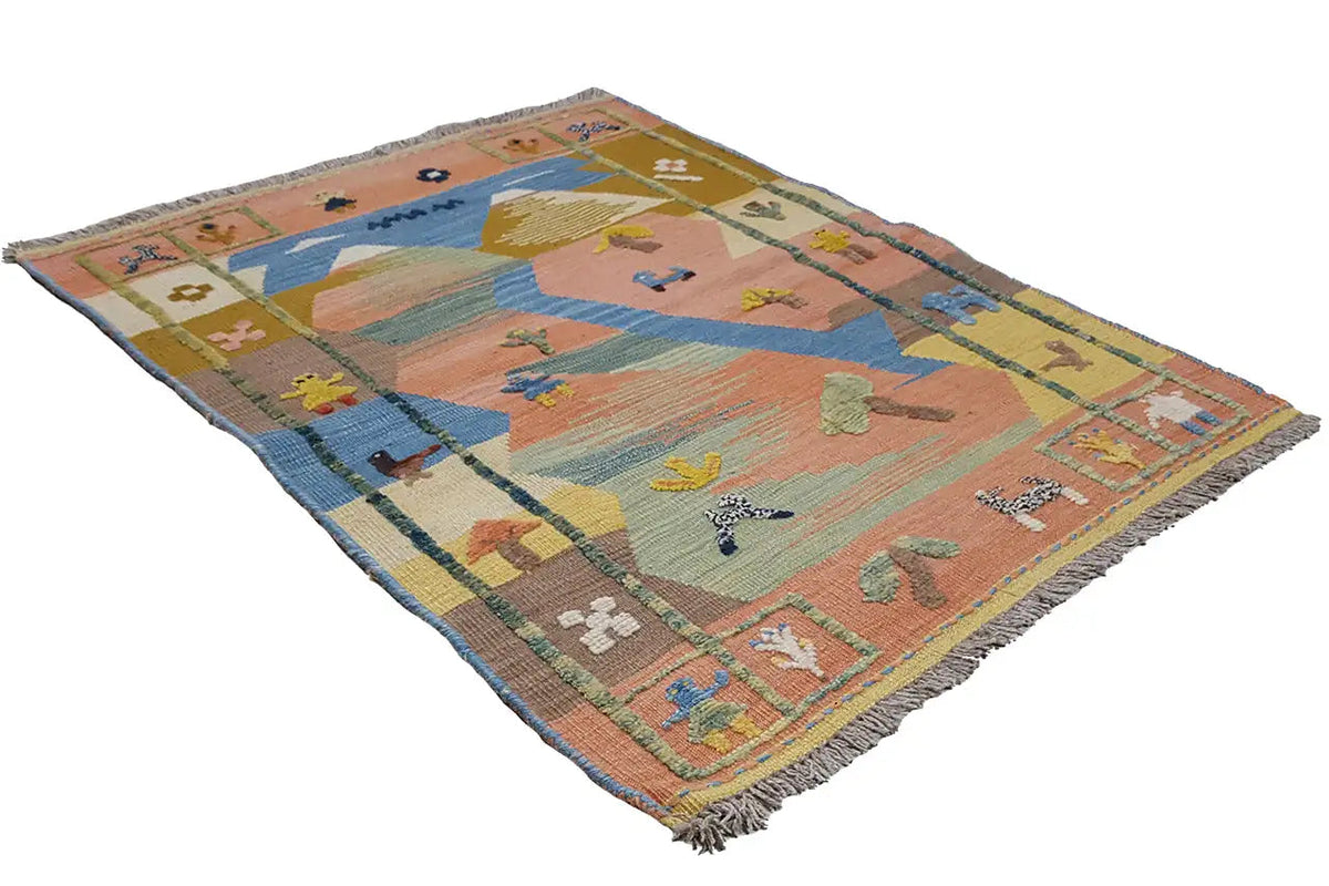 Kilim Qashqai Teppich in Pastellfarben mit geometrischen Motiven und Fransen