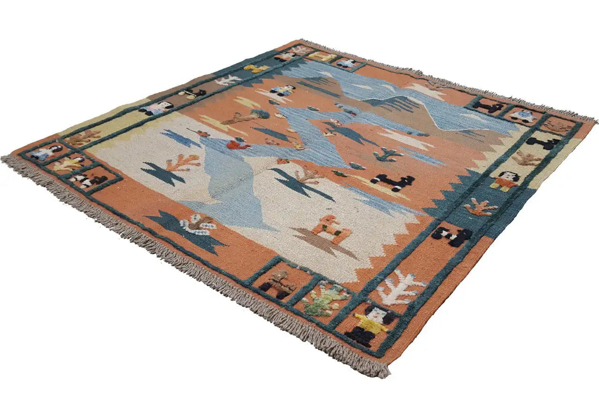 Kilim-Teppich quadratisch, mehrfarbiges Muster mit Fransen und buntem Bordürenrahmen