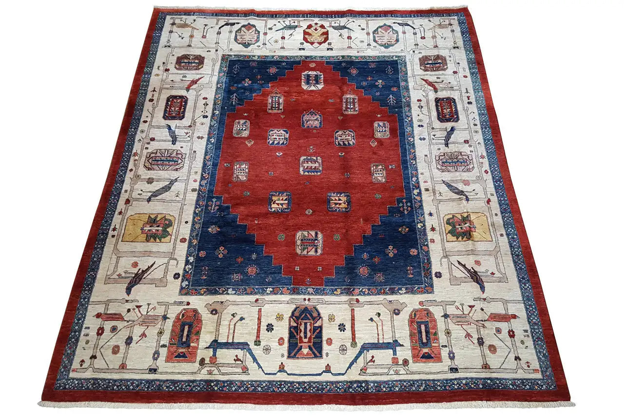 Orientteppich mit blau-rotem Medaillonmuster, umlaufender Bordüre, rechteckig