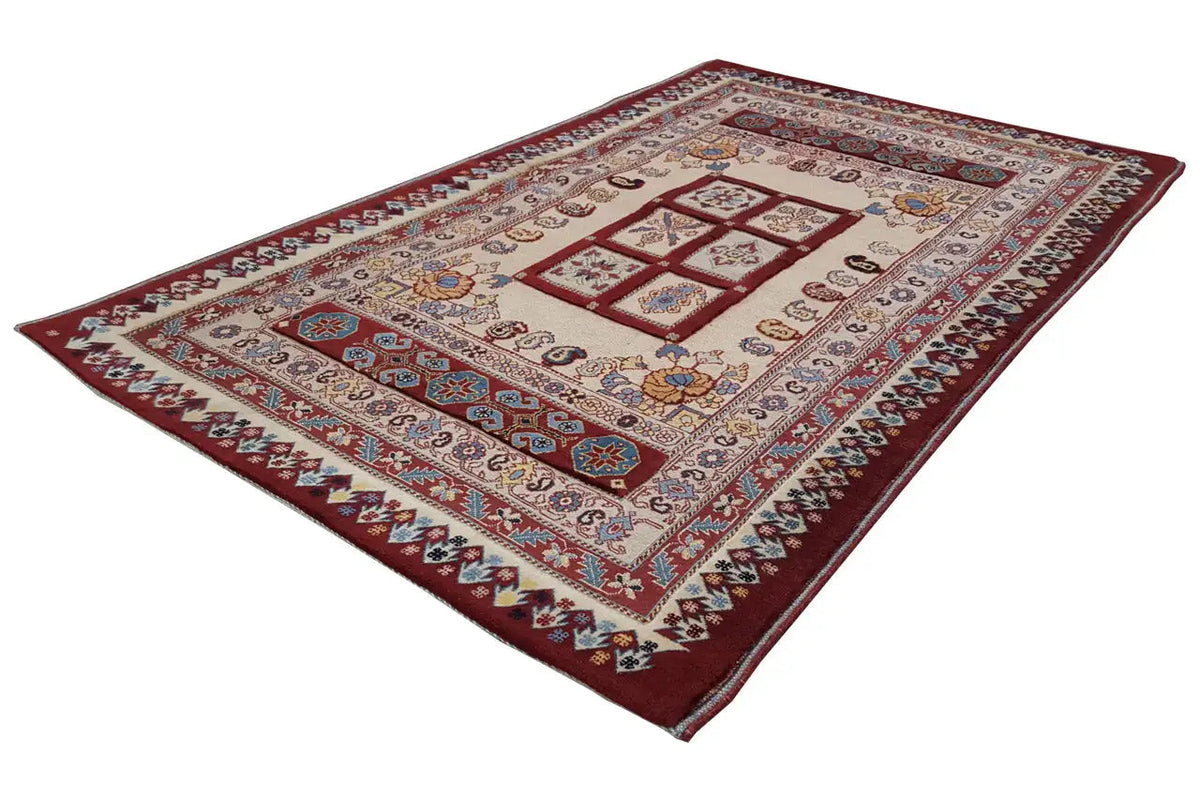 Teppich 168x106 cm mit Bordüre und Medaillon-Design in Rot, Beige und Blau