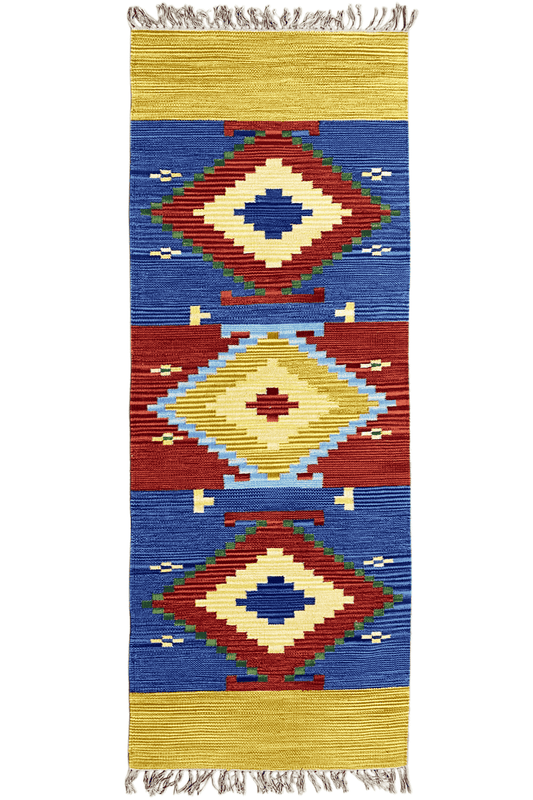 Indischer Handgewebter Kelim Dhurrie Teppich, 200x80cm (6.5x2.6ft), Buntes Geometrisches Muster - German Carpet Shop