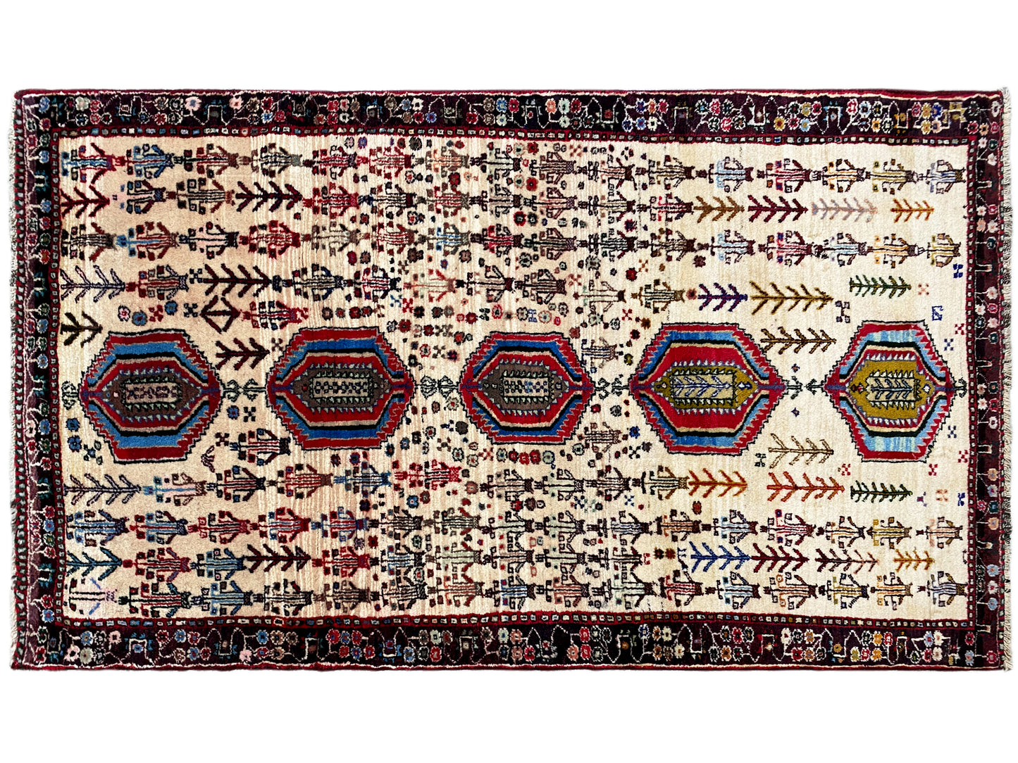 Salon Oriental Baluch Teppich cremefarbene Wolle geometrische Formen