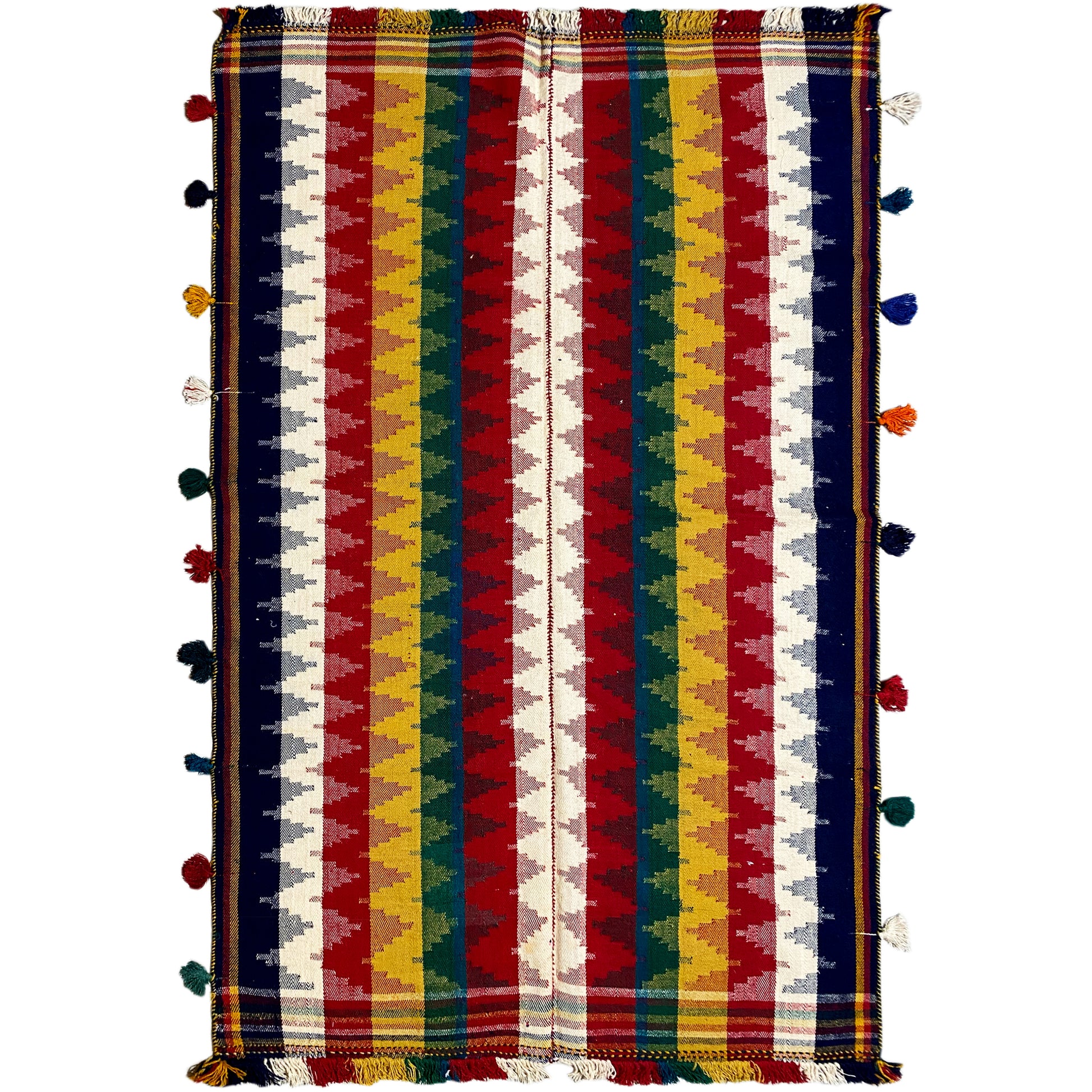 Wohnzimmer bunter Jajim Teppich handgewebt mit geometrischem Zickzackmuster