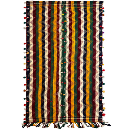 Wohnzimmer bunter Jajim Teppich handgewebt mit lebendigem geometrischem Zickzackmuster