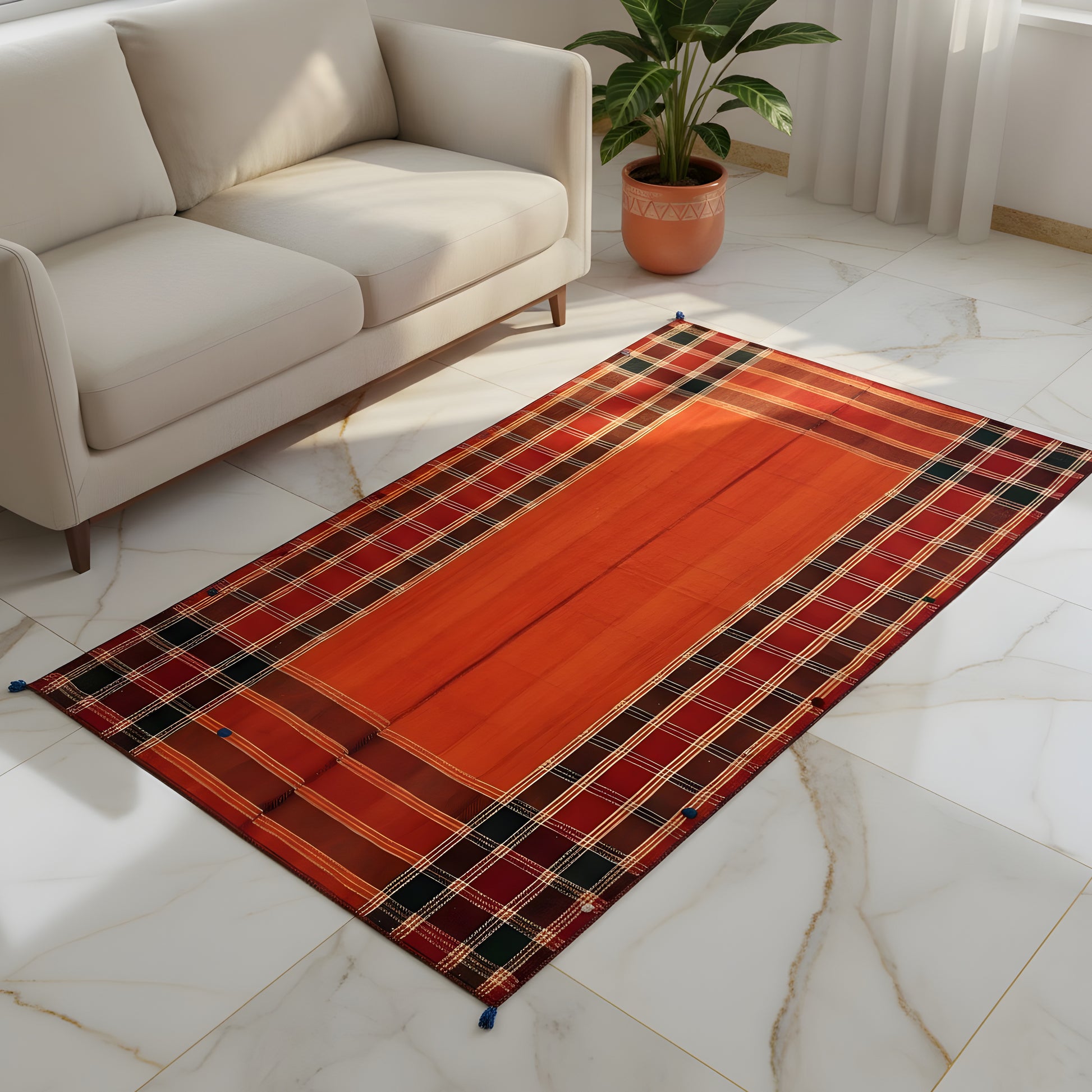 Schlafzimmer klassischer Jajim Teppich in Orange mit rustikalem Muster