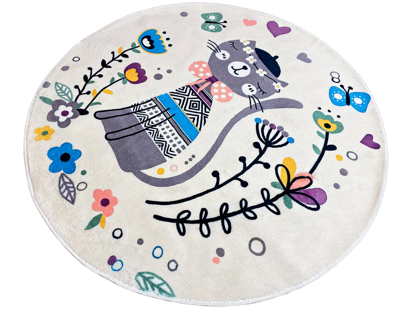 Runder Kinderteppich Katze, Weiß, 120 cm