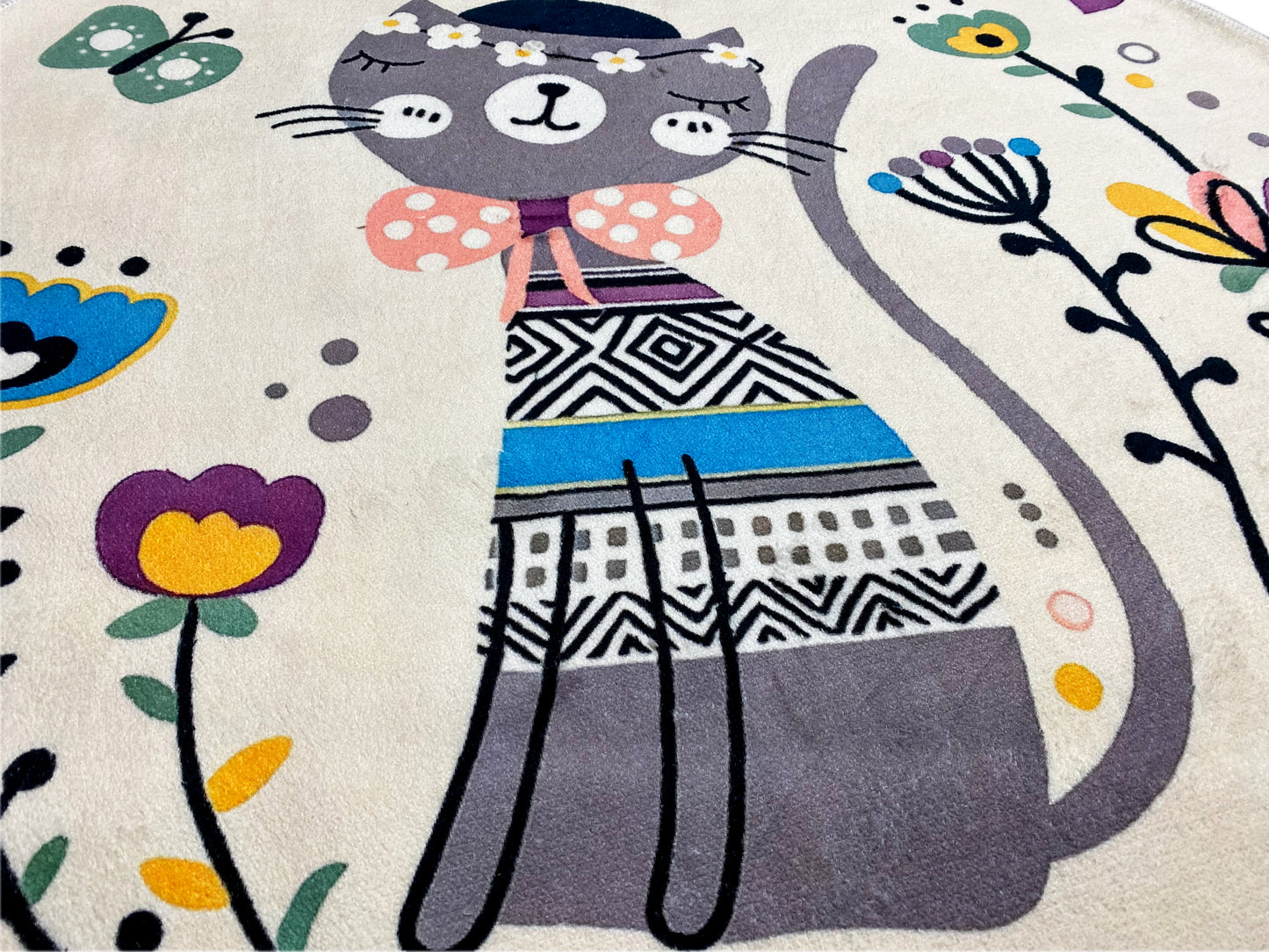 Runder Kinderteppich Katze, Weiß, 120 cm