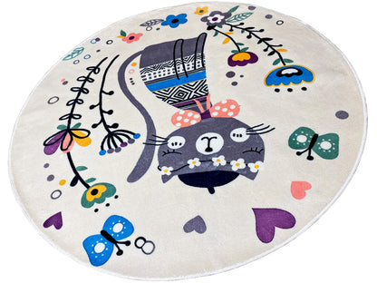 Runder Kinderteppich Katze, Weiß, 160 cm