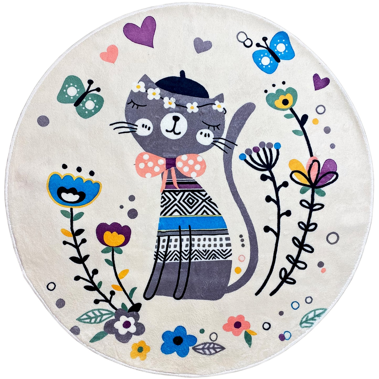 Runder Kinderteppich Katze, Weiß, 160 cm