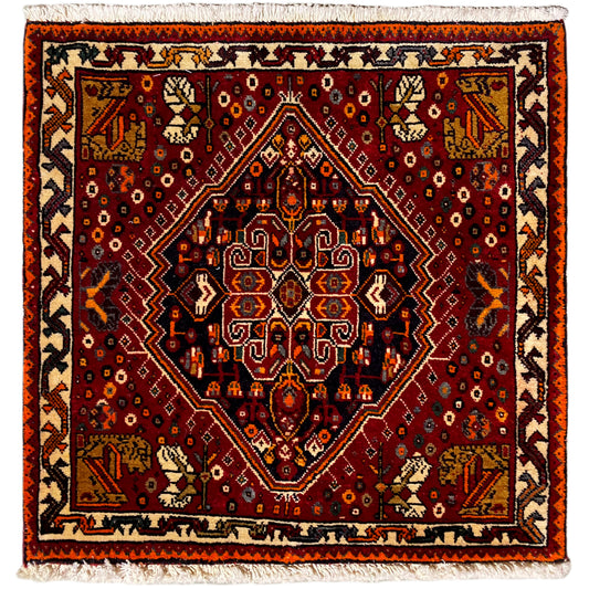Poshti-Teppich 60x60 cm, rotes Muster mit orangefarbenem Rand und Fransen