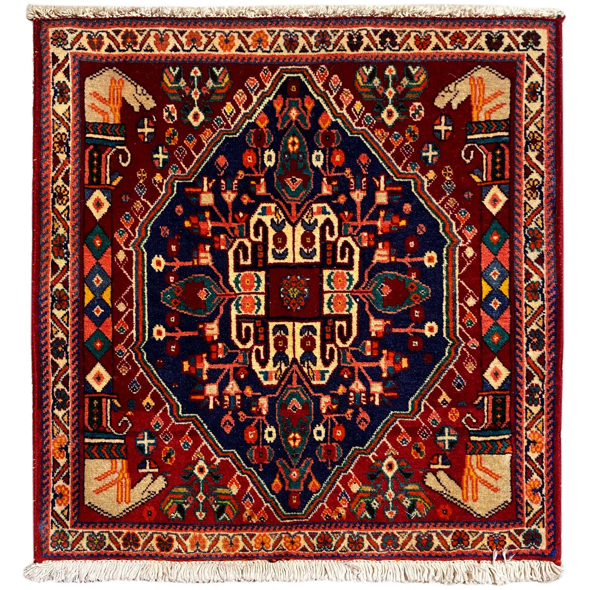Poshti-Teppich 64x64 cm, quadratisch, bordeauxrot mit blauem Ornament, Fransen