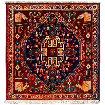 Poshti-Teppich 64x64 cm, quadratisch, bordeauxrot mit blauem Ornament, Fransen