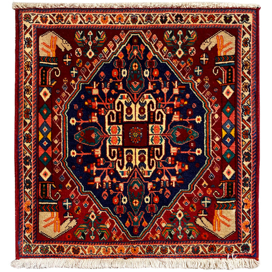 Poshti-Teppich 64x64 cm, quadratisch, bordeauxrot mit blauem Ornament, Fransen