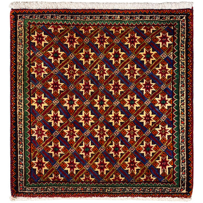 Poshti-Teppich 62x52 cm mit geometrischem Muster, mehrfarbig und Fransen.
