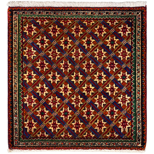 Poshti-Teppich 62x52 cm mit geometrischem Muster, mehrfarbig und Fransen.