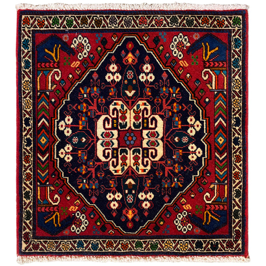 Poshti-Teppich 66x62 cm: geometrisches Muster in Blau/Rot mit Fransen