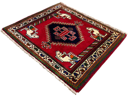 Poshti-Teppich 58x68 cm, roter Teppich mit geometrischem Innenmuster und Bordüre