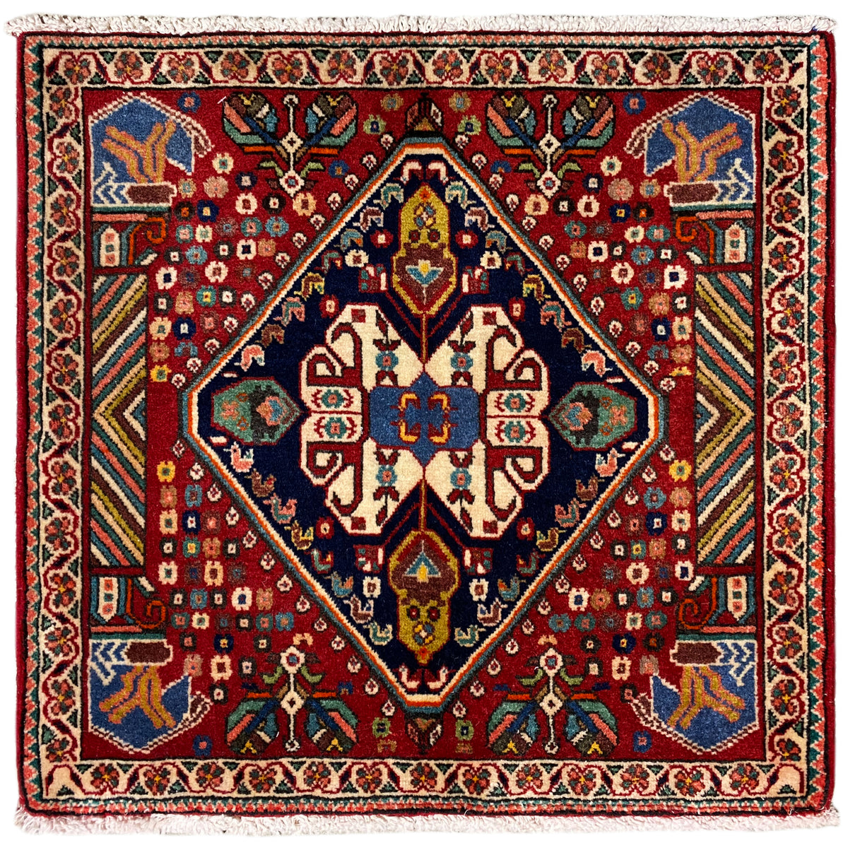 Poshti-Teppich 66x62 cm: roter Teppich mit mehrfarbigem Medaillonmuster