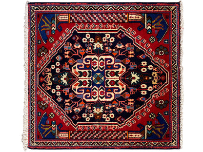Poshti-Teppich 66x63 cm mit rotem Rand, dunklem Blau und geometrischem Muster