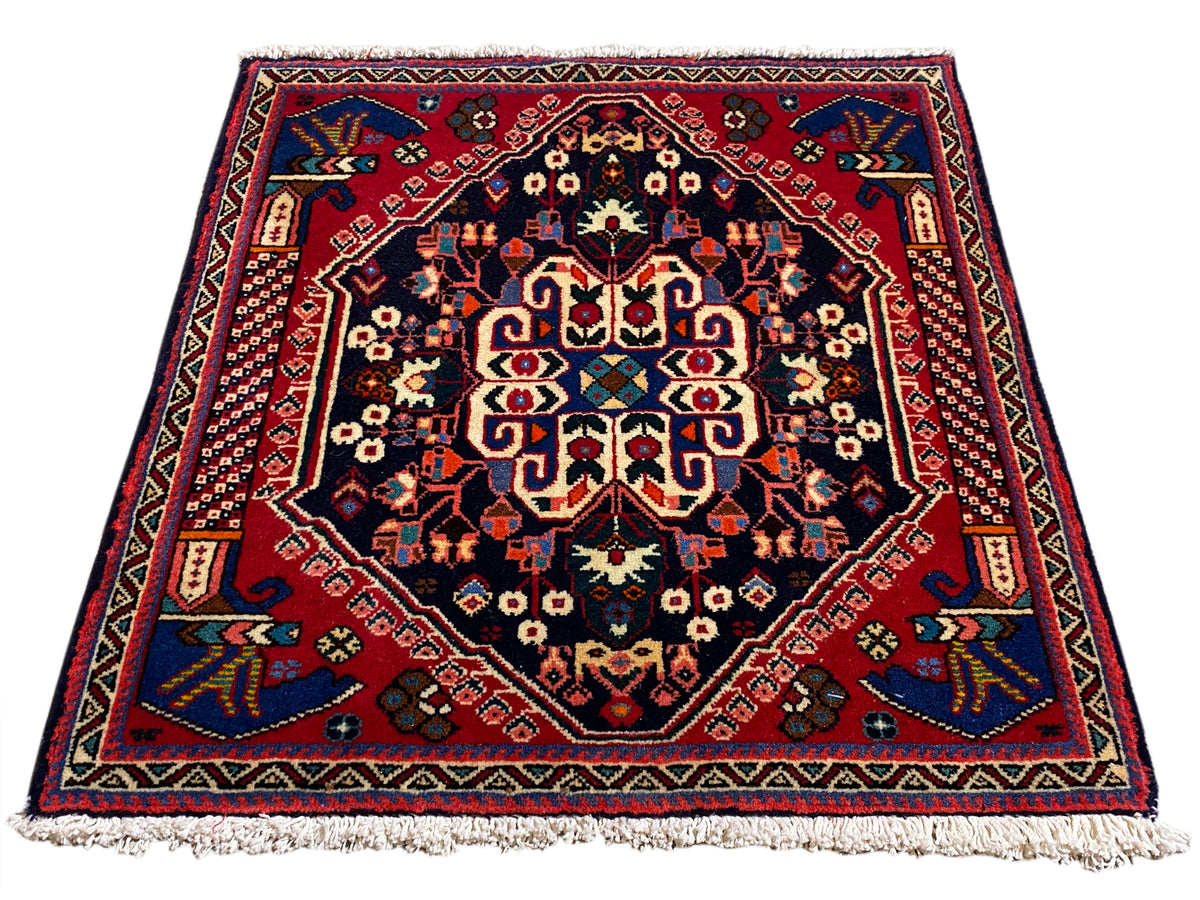 Poshti-Teppich 66x63 cm, dunkles Blau/Rot, Medaillonmuster mit Fransen am Rand