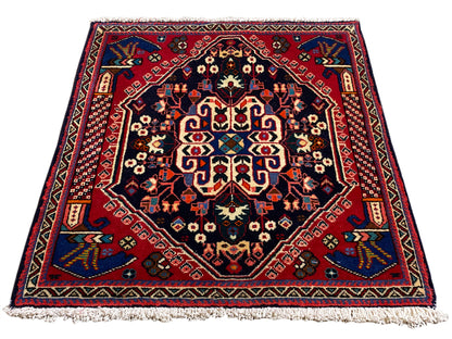 Poshti-Teppich 66x63 cm, dunkles Blau/Rot, Medaillonmuster mit Fransen am Rand
