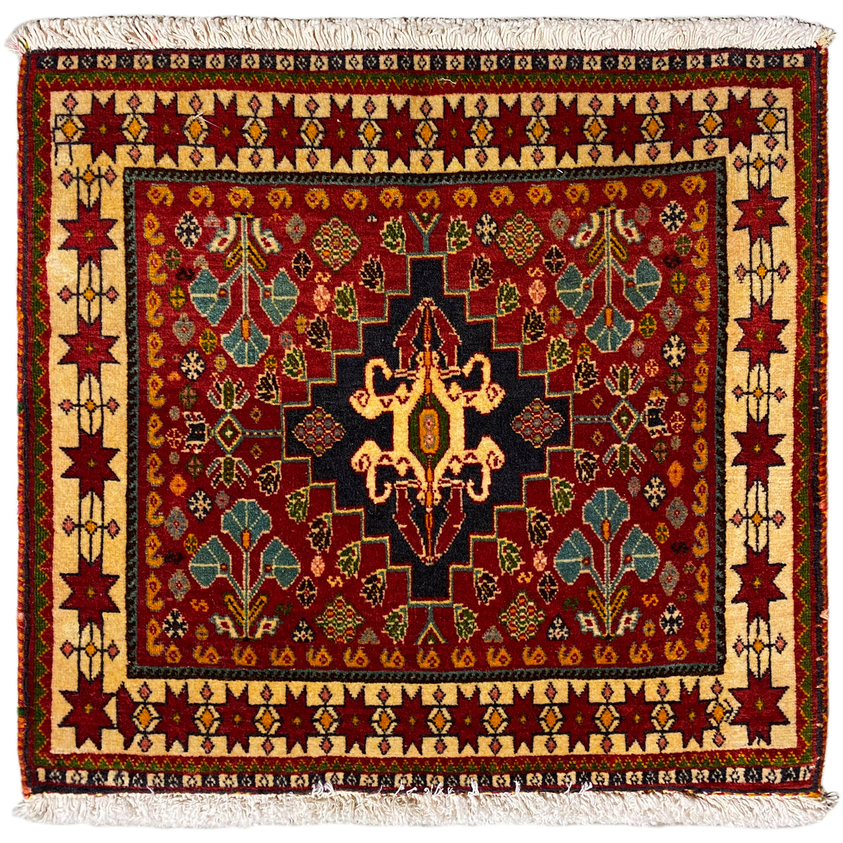 Poshti-Teppich, 60x58 cm, rotes Muster mit schwarzem Medaillon und Fransen